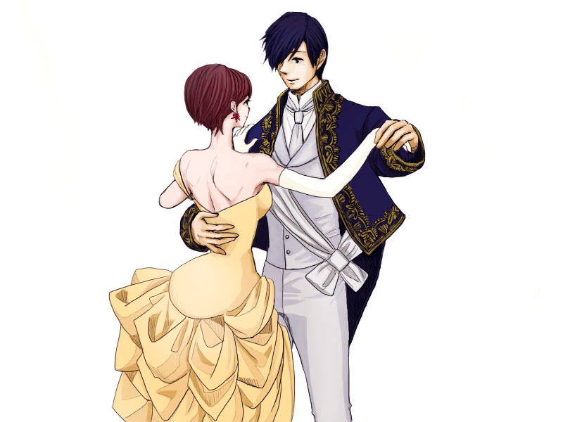 1boy 1girl bad_id beauty_and_the_beast cosplay couple dancing dress formal gloves historical kaito male md5_mismatch meiko nashi48 vocaloid