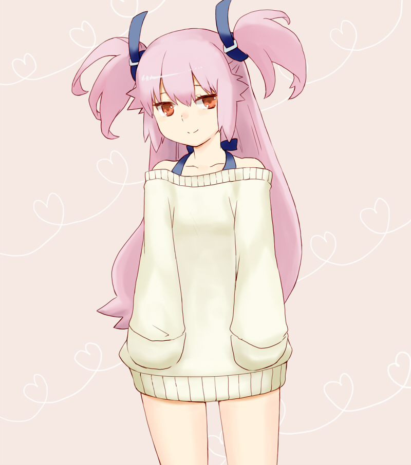 asababa_kure bad_id bare_shoulders bottomless female hair_ribbon halterneck hands_in_pockets long_hair long_sleeves naked_sweater pink_hair red_eyes ribbon sleeves_past_wrists smile solo sweater twintails yui_(angel_beats!)