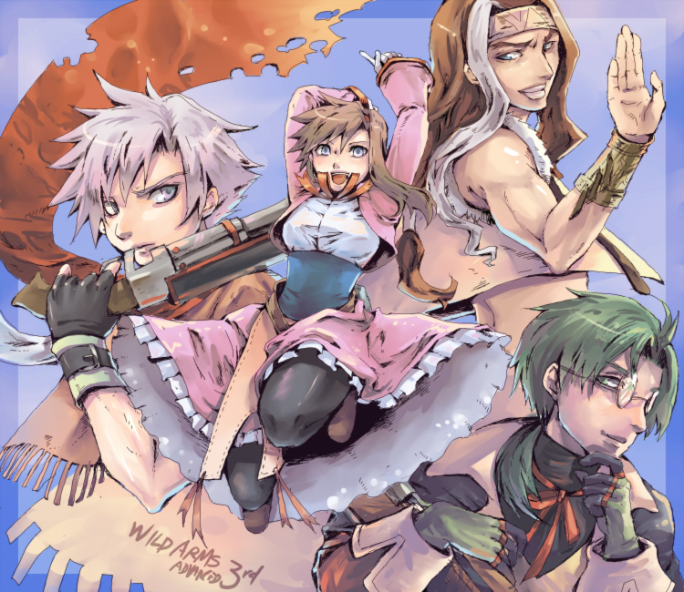 3boys ahoge belt blue_background blue_eyes brown_hair clive_winslett coat dress gallows_carradine glasses gloves green_eyes green_hair gun happy headband jet_enduro kiri_(regulaton) long_hair multiple_boys open_mouth pantyhose payot ponytail scarf short_hair slip_skirt smile title_drop virginia_maxwell weapon white_hair wild_arms wild_arms_3 wrist_cuffs