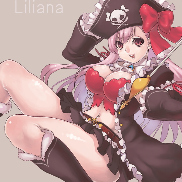 ascot belt boots bow breasts bustier captain_liliana cleavage frills hat jolly_roger large_breasts legs lingerie long_hair long_legs midriff miniskirt navel pink_eyes pink_hair pirate pirate_hat pleated_skirt queen's_blade queen's_blade_rebellion queen's_blade queen's_blade_rebellion rapier ribbon rocb skirt skull_and_crossbones skull_and_crossed_swords solo sword thighs underwear very_long_hair weapon