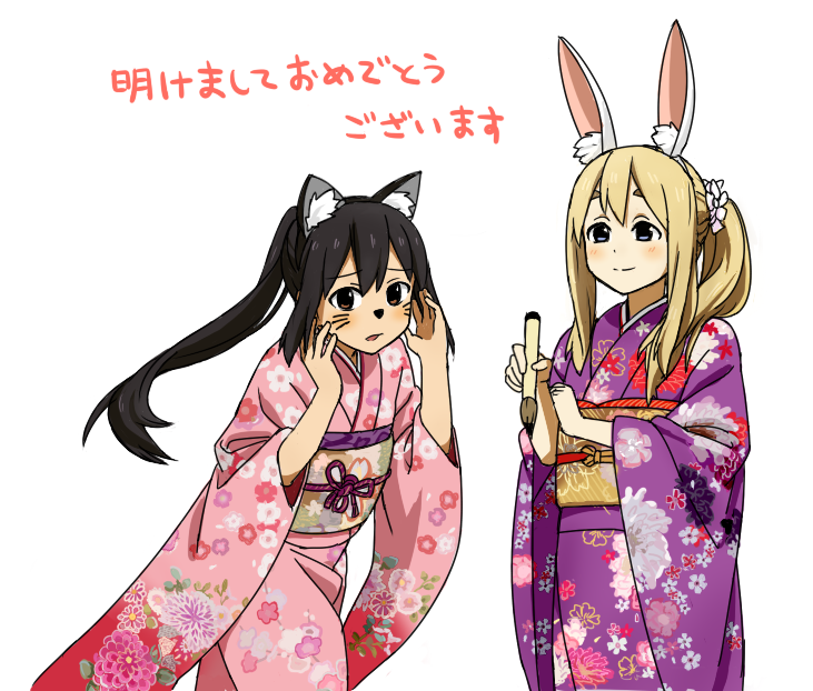 animal_ears black_hair blonde_hair blue_eyes blush brown_eyes bunny_ears cat_ears face_paint facepaint iefukurou japanese_clothes k-on! kimono kotobuki_tsumugi long_hair multiple_girls nakano_azusa obi paintbrush ponytail simple_background smile translated twintails