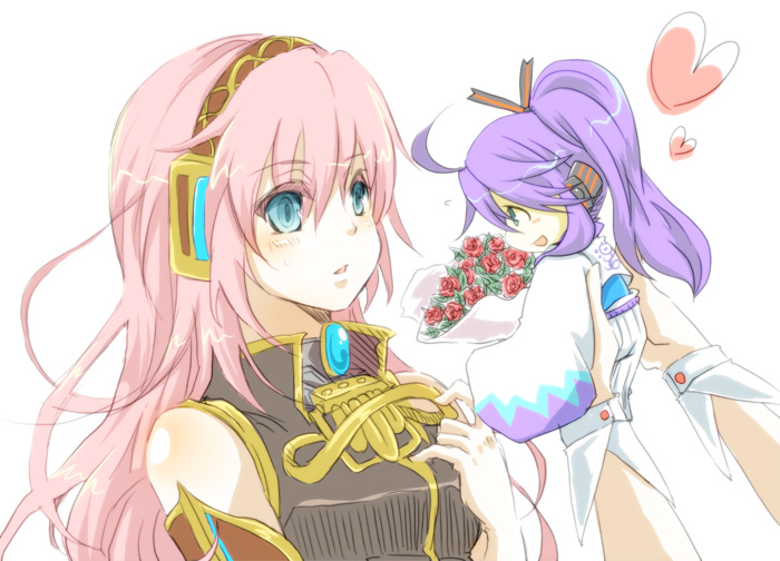 blush bouquet chibi flower gumi_megpoid headband headphones heart kamui_gakupo long_hair megurine_luka pink_hair ponytail purple_hair vocaloid yucco_kxoxc