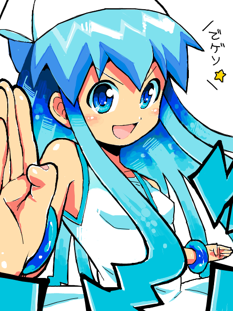 blue_eyes blue_hair dress foreshortening hat ikamusume long_hair outsuki pose shinryaku!_ikamusume solo tentacle_hair