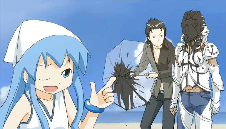 blue_hair crossover el_shaddai enoch hat hemosuke ikamusume ink jeans long_hair lucifel_(el_shaddai) lucifer_(el_shaddai) pointing shinryaku!_ikamusume squid_ink tentacle_hair umbrella wink