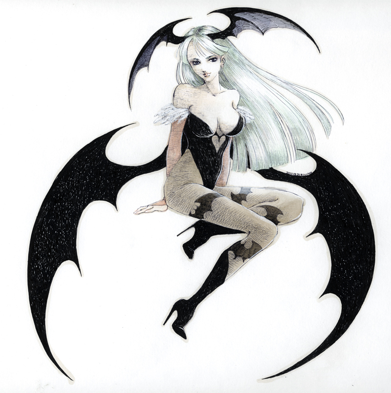 bat_wings boots capcom darkstalkers green_hair head_wings high_heels lipstick long_hair morrigan_aensland pantyhose sakurako_(sakurawe) shoes smile solo vampire_(game) wings