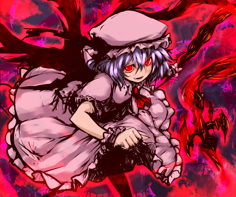 clenched_hand fist hat light_smile purple_hair red_eyes remilia_scarlet short_hair solo soubi spear_the_gungnir touhou