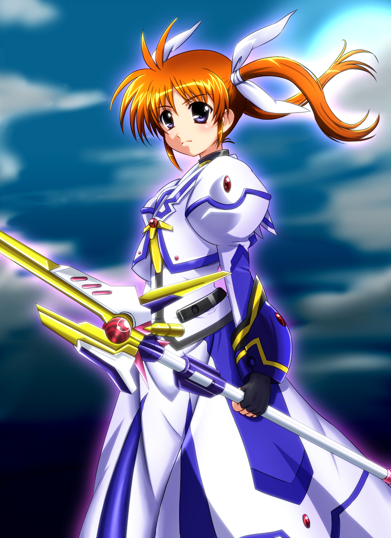 blue_eyes brown_hair diesel-turbo hair_ribbon lyrical_nanoha mahou_shoujo_lyrical_nanoha mahou_shoujo_lyrical_nanoha_the_movie_1st raising_heart ribbon solo takamachi_nanoha twintails