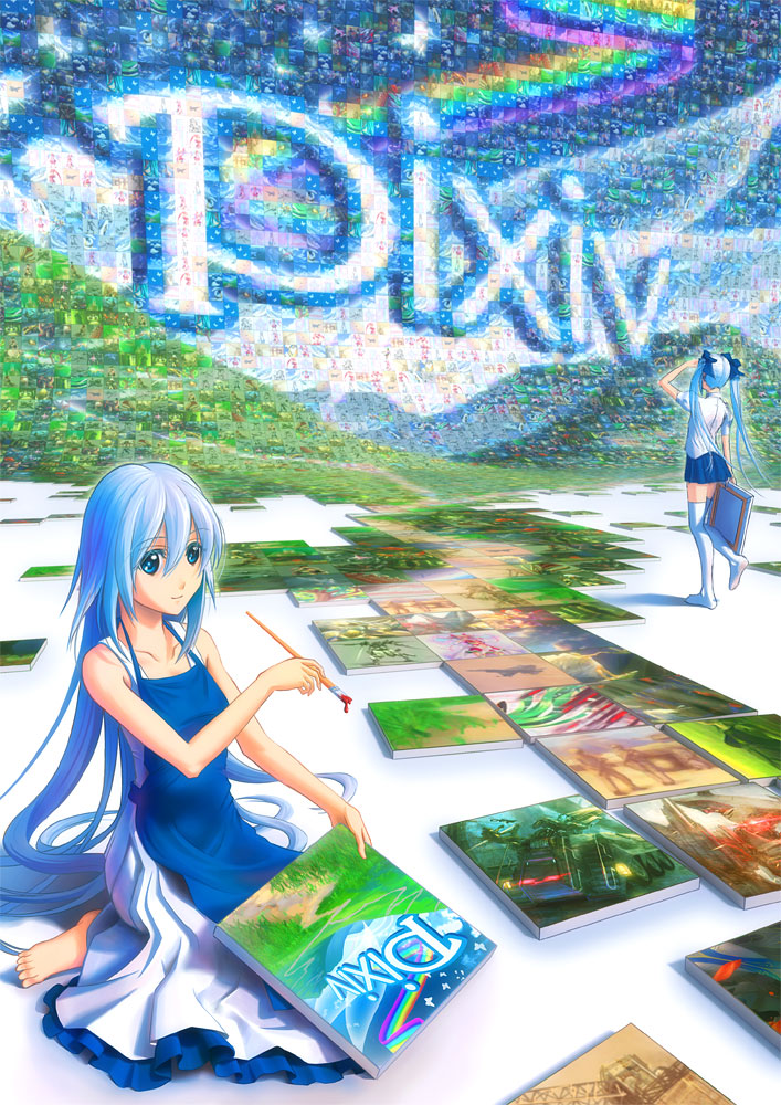 barefoot blue_hair long_hair mosaic_art oekaki_musume original paint paintbrush painting pinakes pinax pixiv