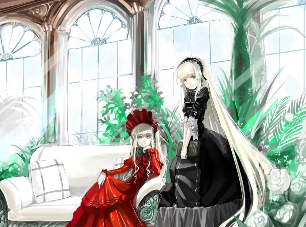 2girls blonde_hair blueman book crossover dress gosick gothic_lolita holding lolita_fashion lolita_hairband lolita_headband multiple_girls plant red_dress rozen_maiden shinku sitting sofa sunbeam sunlight v_arms victoria victorica_de_blois victorique_de_broix window