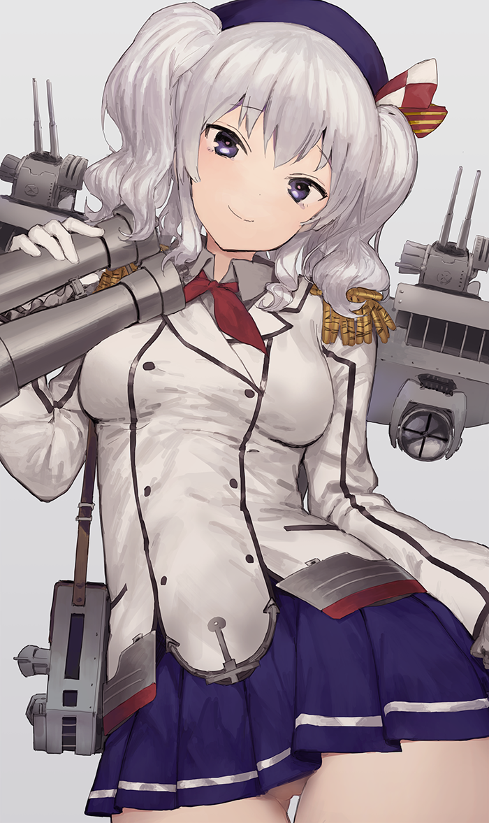 1girl artist_request binoculars brown_eyes epaulettes gloves hat kantai_collection kashima_(kantai_collection) long_hair military military_uniform silver_hair smile solo twintails uniform