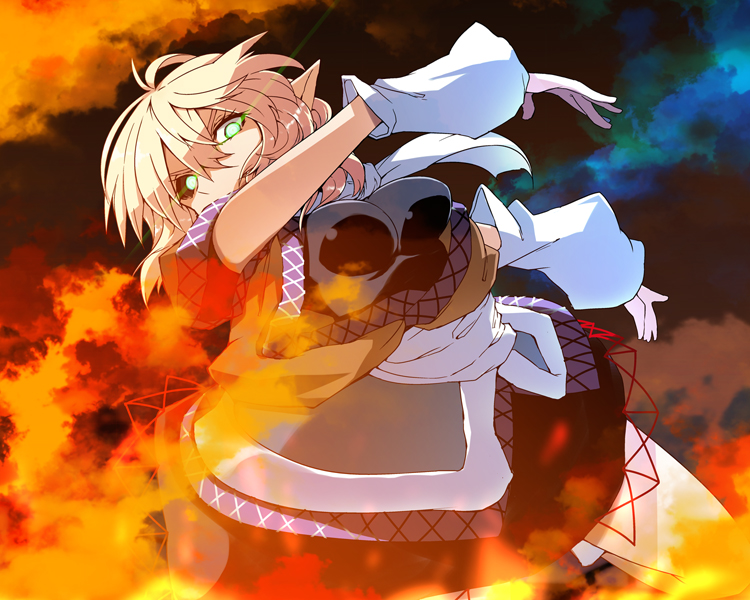 1girl arm_up arm_warmers blonde_hair blush breasts fire flame glowing glowing_eyes green_eyes kanameya light_trail looking_at_viewer mizuhashi_parsee outstretched_arm pointy_ears sash scarf shirt short_hair short_sleeves skirt solo touhou vest