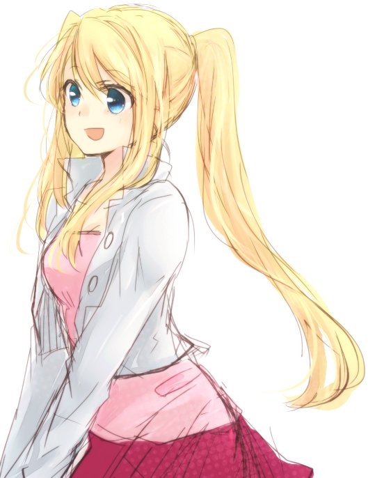 bad_id blonde_hair blue_eyes fullmetal_alchemist jacket long_hair long_sleeves open_mouth ponytail popped_collar simple_background sketch skirt smile solo tsukuda0310 winry_rockbell