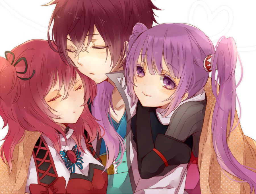 2girls asbel_lhant blanket brown_hair cheria_barnes chidori_(@rom) closed_eyes colored_eyelashes eyelashes eyes_closed hair_ornament hair_ribbon light_smile long_hair multiple_girls purple_eyes purple_hair red_hair redhead ribbon short_hair short_twintails sleeping sophie_(tales_of_graces) tales_of_(series) tales_of_graces twintails violet_eyes white_background