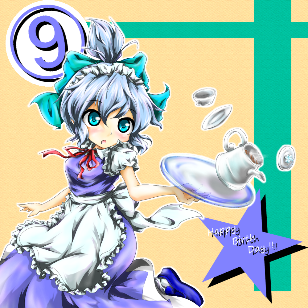 ? alternate_costume alternate_hairstyle apron blue_eyes blue_hair blush bow cirno cup dress dropping enmaided hair_bow izayoi_sakuya_(cosplay) maid open_mouth ponytail pot red_star_(toranecomet) ribbon saucer shoes short_hair solo touhou tray wings