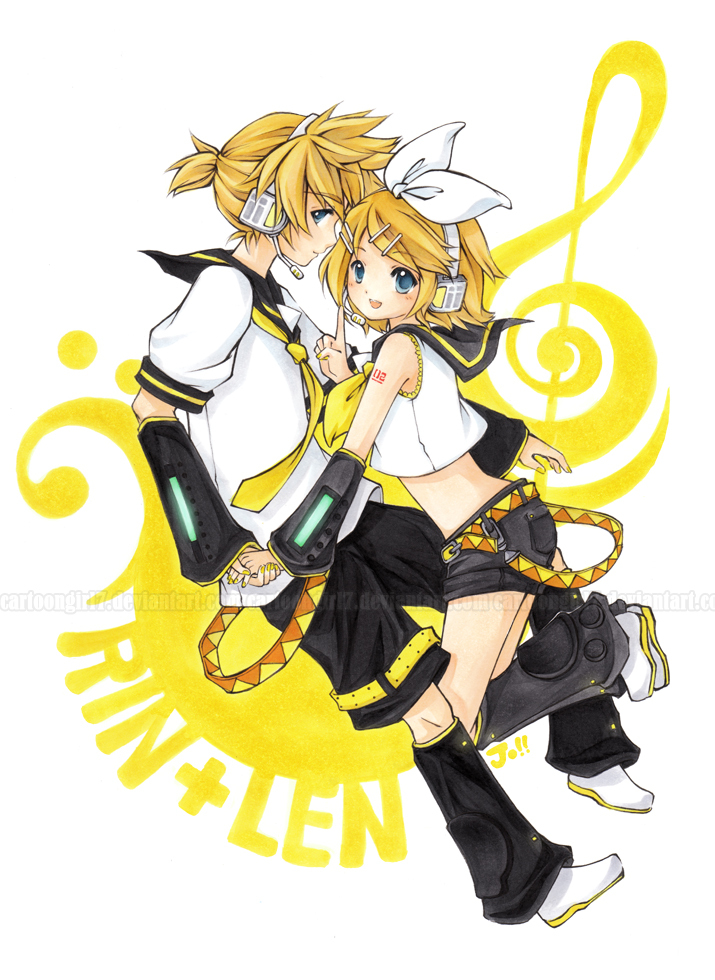 bass_clef blue_eyes brother_and_sister detached_sleeves hair_ornament hair_ribbon hairclip hand_holding headphones holding_hands joanna_(mojo!) kagamine_len kagamine_rin midriff myrollingstar necktie open_mouth ribbon short_hair shorts siblings smile traditional_media treble_clef twins vocaloid watermark