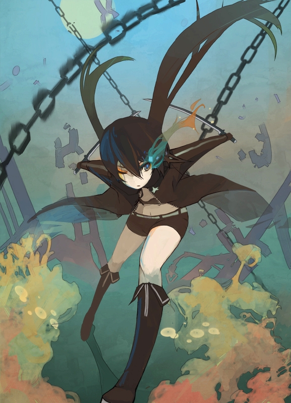 black_hair black_rock_shooter black_rock_shooter_(character) blue_eyes boots chain chains jacket minami-nyan shorts solo twintails