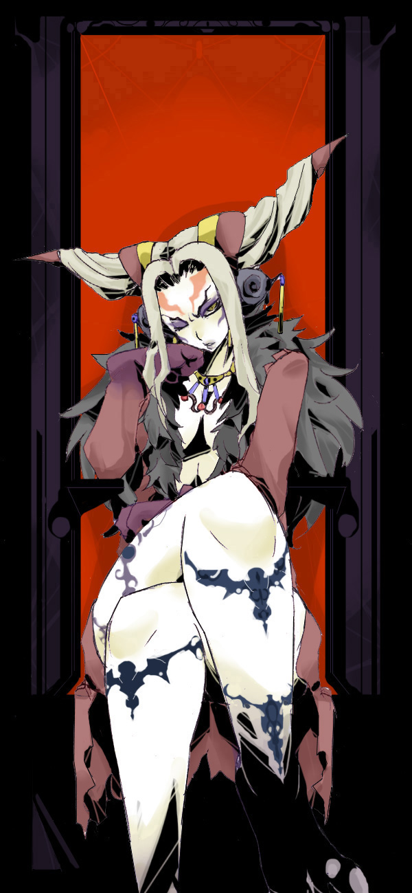 breasts cleavage crossed_legs dissidia_final_fantasy dress earrings facial_mark final_fantasy final_fantasy_viii grey_hair highres jewelry legs legs_crossed long_hair long_image long_legs necklace ryu3224 sitting solo tall_image thick thick_thighs thighs ultimecia wings
