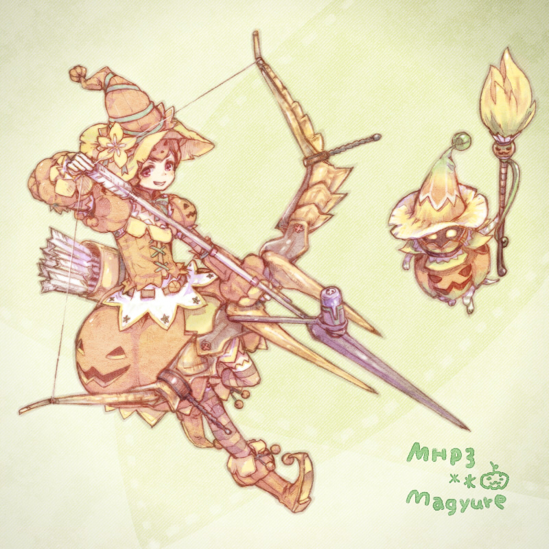 bow_(weapon) capcom character_request felyne jack-o'-lantern jack-o'-lantern magyuru_(armor) monster_hunter monster_hunter_portable_3rd nightmare_(armor) pumpkin pumpkin_(armor) weapon witch witch_hat