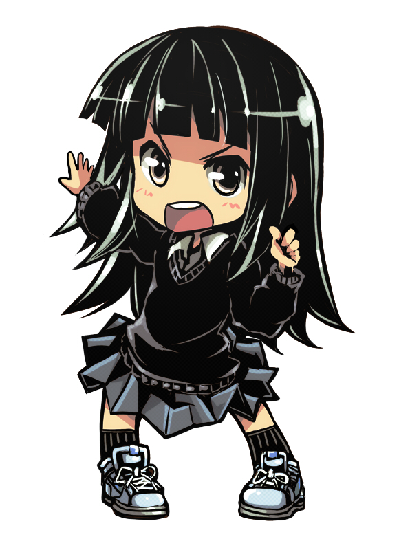 bangs black_hair blunt_bangs chibi drpow katteni_kaizou long_hair natori_umi pose school_uniform shoes simple_background skirt sneakers solo sweater tom_(drpow)