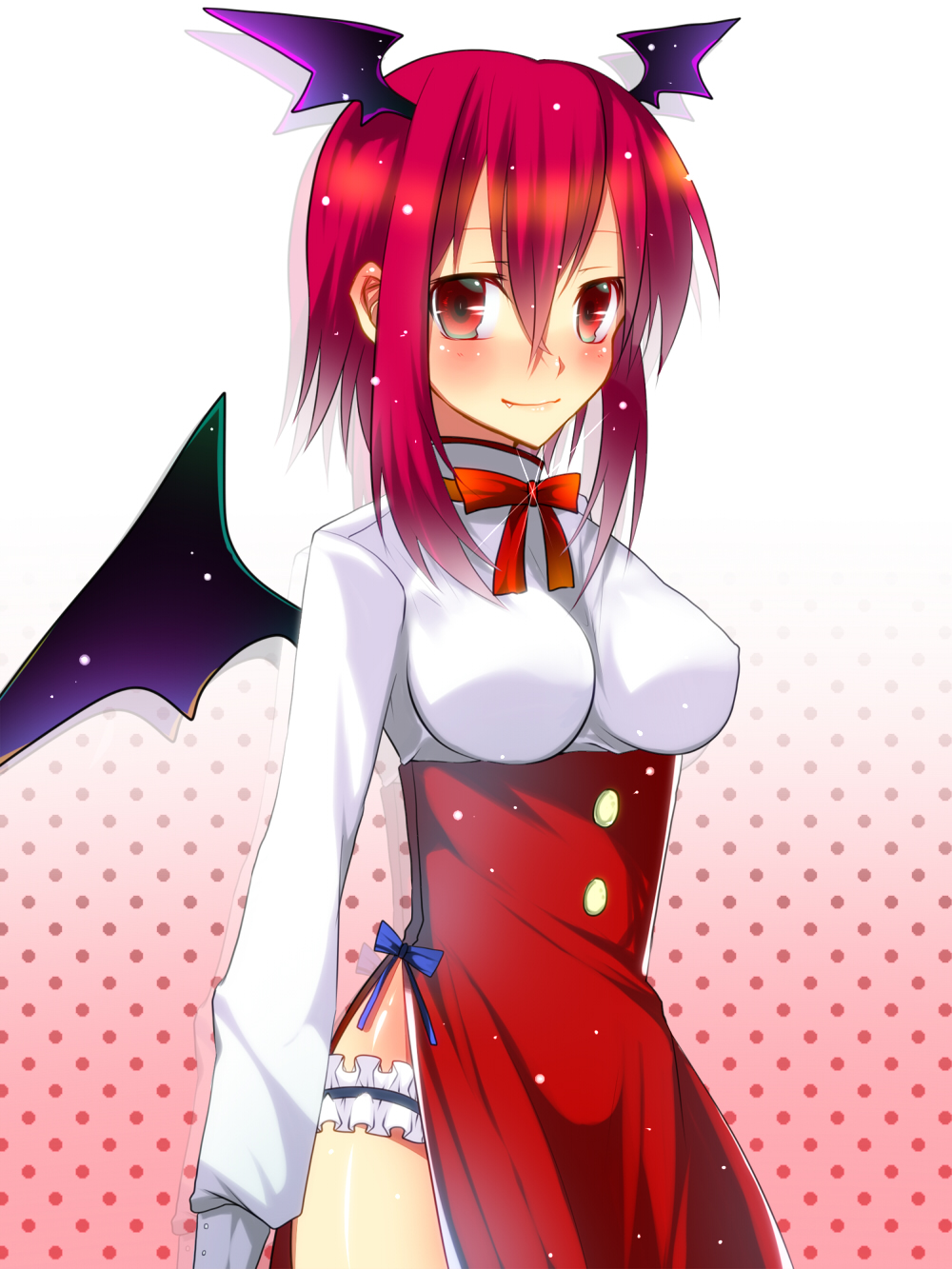 alternate_costume bad_id bat_wings blush breasts fang garters haine_(howling) head_wings highres impossible_clothes impossible_clothing impossible_shirt koakuma light_smile long_hair payot red_eyes red_hair redhead shirt short_hair side_slit solo sparkle the_embodiment_of_scarlet_devil touhou wings ykm