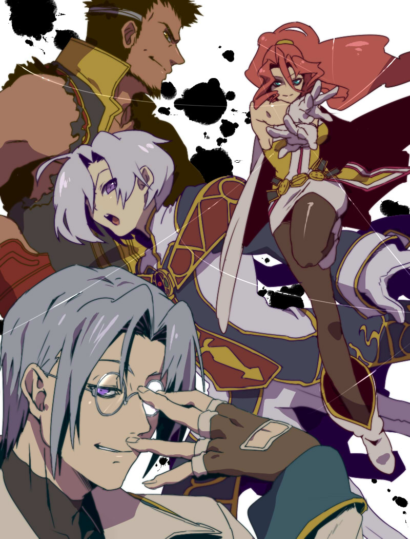 3boys ahoge antenora_victora antenora_victoria belt blue_eyes brown_hair caina cape coat evil_smile glasses gloves grey_hair judecca_ducet long_hair multiple_boys open_mouth pants pantyhose ponytail ptolomea purple_eyes red_hair redhead sako shoes short_hair skirt smile thread violet_eyes white_hair wild_arms wild_arms_2