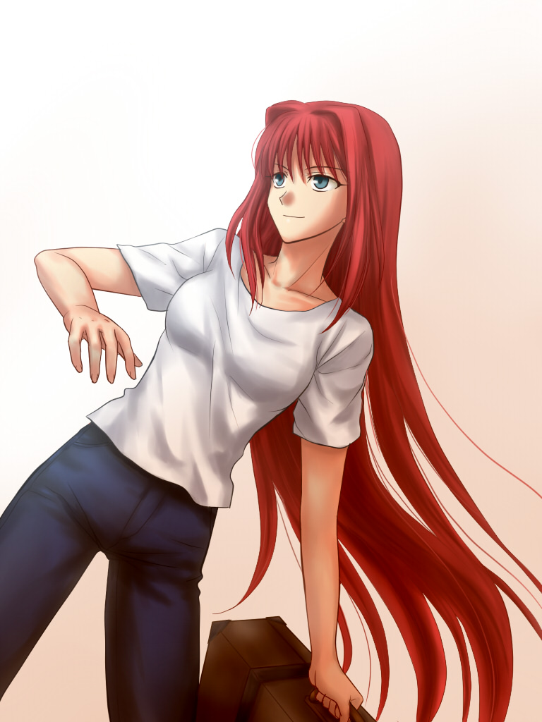 aozaki_aoko blue_eyes dutch_angle hair_intakes hitoha jeans long_hair red_hair redhead solo suitcase t-shirt tsukihime very_long_hair