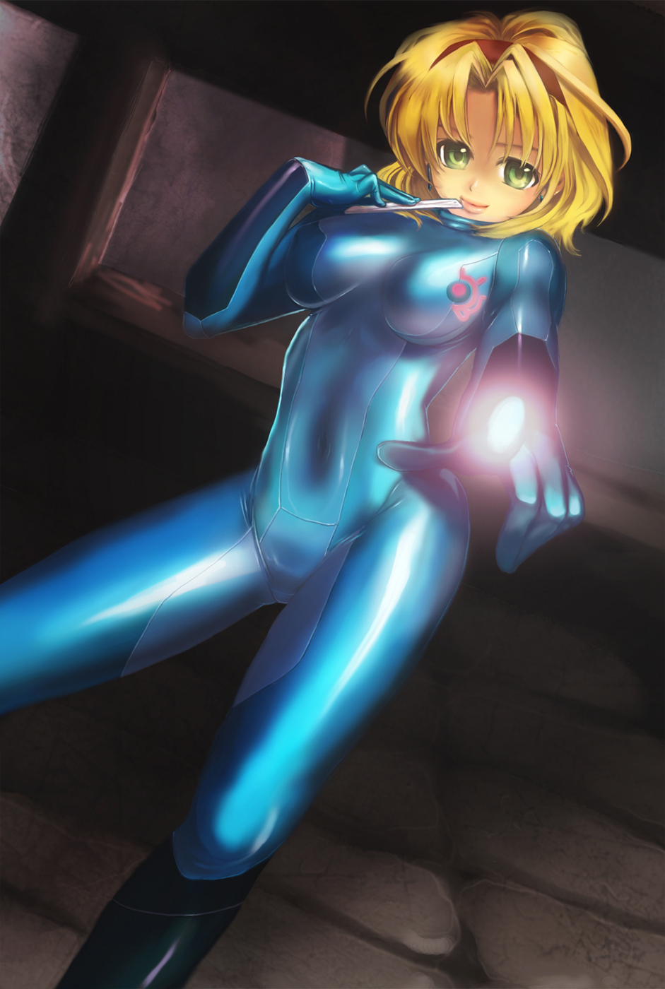blonde_hair bodysuit boots breasts card cecilia_lynne_adelhyde cosplay crossover earrings gloves green_eyes hairband highres holding holding_card jewelry large_breasts latex lips magic metroid navel piiko pointing samus_aran samus_aran_(cosplay) short_hair skin_tight smile solo wild_arms wild_arms_1 wild_arms_alter_code_f zero_suit
