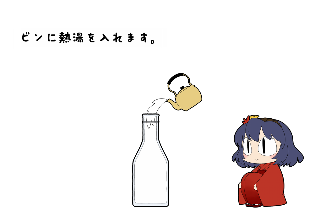 bottle chibi hairband japanese_clothes kettle kimono minigirl purple_hair short_hair simple_background sitting slit_pupils solo touhou translated translation_request ume_(noraneko) yasaka_kanako young