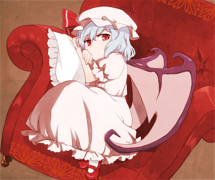 72mk :/ bat_wings blue_hair chair dutch_angle hat mary_janes natsume_(menthol) pillow red_eyes remilia_scarlet shoes short_hair solo touhou wings