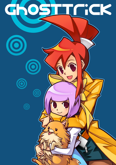 aria_chu black_eyes capcom dog ghost_trick hime_cut kanon_(ghost_trick) lynne missile_(ghost_trick) open_mouth pantyhose purple_hair red_hair redhead ribbon simple_background smile trench_coat trenchcoat