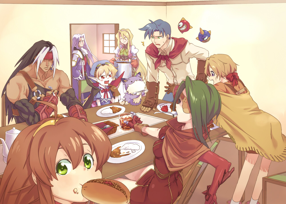 4girls ahoge aisha_bernadette altaecia_valeria angry ashley_winchester belt beverage black_hair blonde_hair blue_hair bow brad_evans breasts brown_hair cloak closed_eyes coat creature crutch eating elbow_gloves everyone eyepatch eyes eyes_closed food gloves goggles goggles_on_head green_eyes green_hair hairband hand_on_hip hat headband hips irving_valeria kanon_(wild_arms) kanon_(wild_arms_2) lilka_eleniak long_gloves long_hair marivel_armitage multicolored_hair multiple_boys multiple_girls muscle open_mouth plate pointing poncho pot puka red_eyes ribbon sako scarf short_hair sitting skirt smile spoon sweat tim_rhymeless vampire white_hair wild_arms wild_arms_2 window yakisobapan