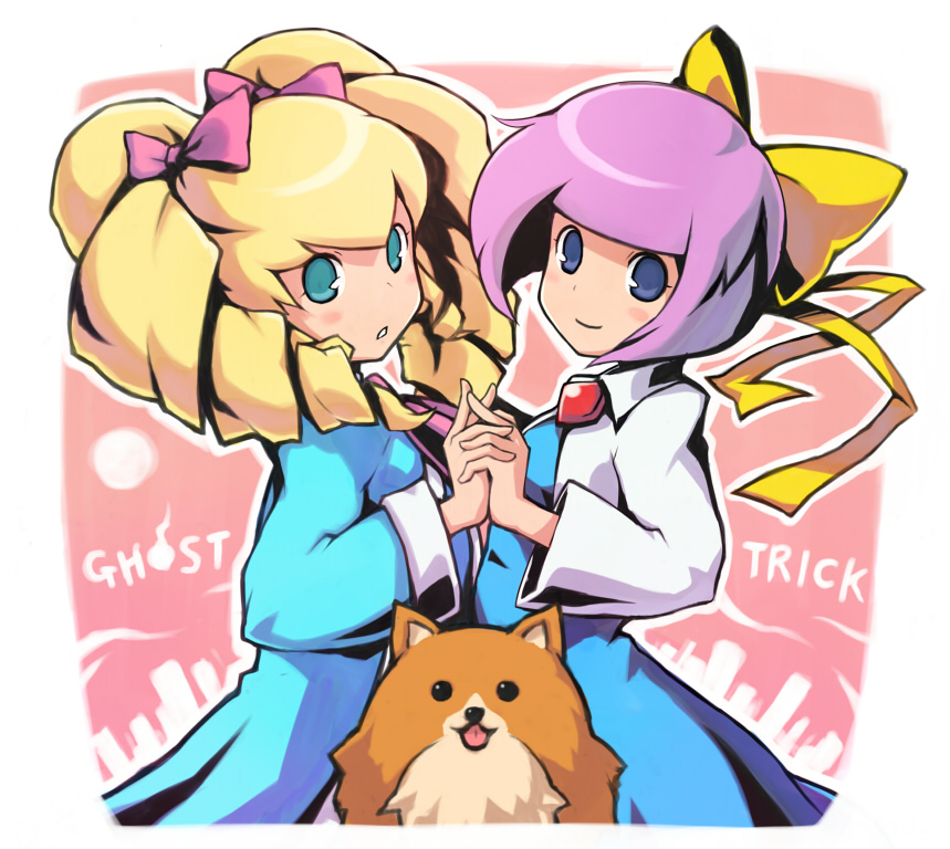2girls :o amelie_(ghost_trick) aqua_eyes blonde_hair blue_eyes brooch capcom dog dress drill_hair ghost_trick hime_cut holding_hands jewelry kamilla_(ghost_trick) kanon_(ghost_trick) keypot missile_(ghost_trick) multiple_girls open_mouth purple_hair ribbon short_hair skirt smile teal_eyes tongue twintails yuri