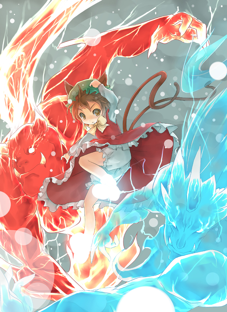 animal_ears bloomers blue_oni bow brown_eyes brown_hair cat_ears cat_tail chen dress fire_dragon floating fred04142 glowing glowing_feet hand_on_hat hat knickers multiple_tails oni red_dress red_oni short_hair solo tail touhou upskirt water_dragon