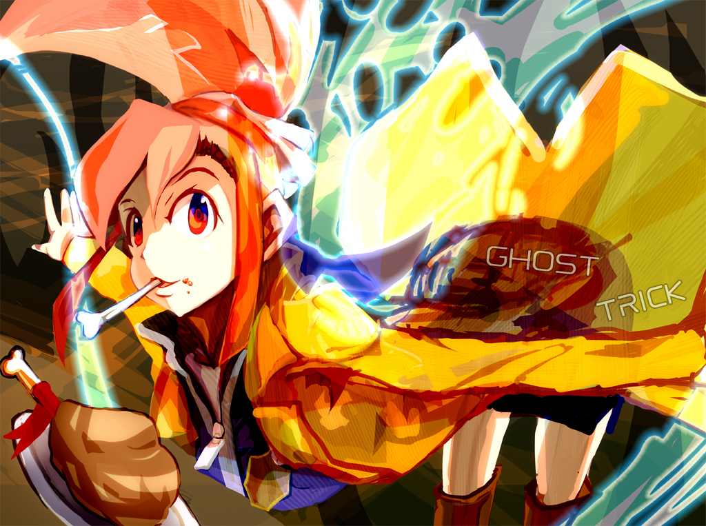 boots capcom cat_(ghost_trick) chicken chicken_(food) energy food ghost_trick hirao01 lynne necktie ponytail red_eyes red_hair redhead ribbon skirt spirit sunglasses table trench_coat trenchcoat zetsu_(hirao01)