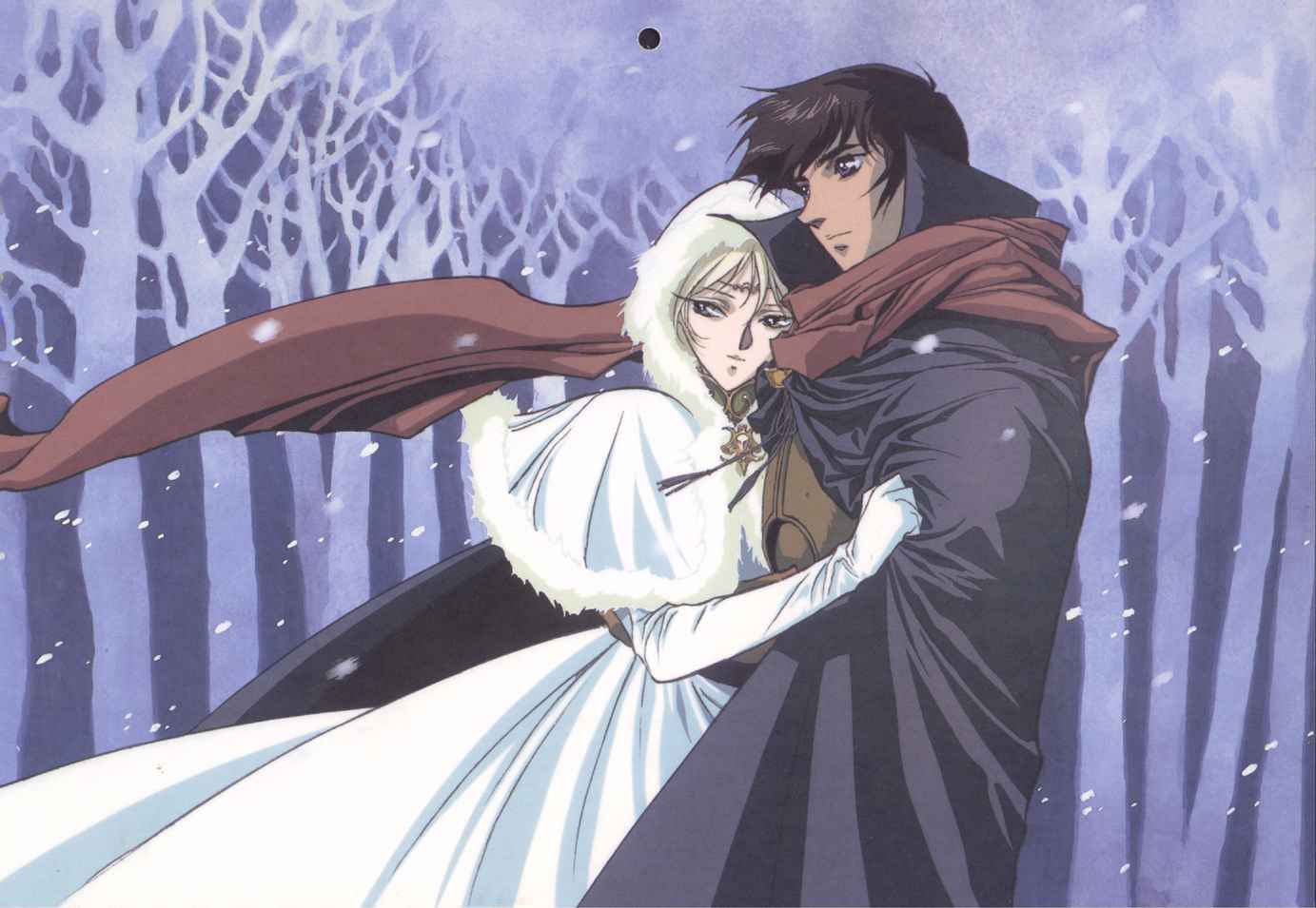 cloak couple deedlit elbow_gloves gloves hood hug parn protect protecting record_of_lodoss_war scarf tree winter