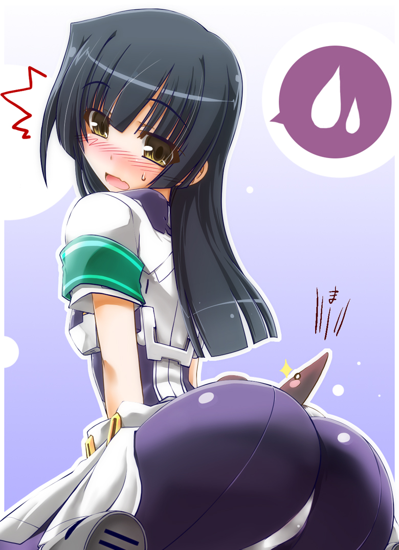 /\/\/\ 1girl ass black_hair blush blush_stickers bodysuit embarrassed from_behind hisame_genta honda_masazumi kyoukai_senjou_no_horizon long_hair looking_back pantyhose seiza short_sleeves sitting sparkle spoken_sweatdrop surprised sweatdrop tsukinowa_(horizon) yellow_eyes