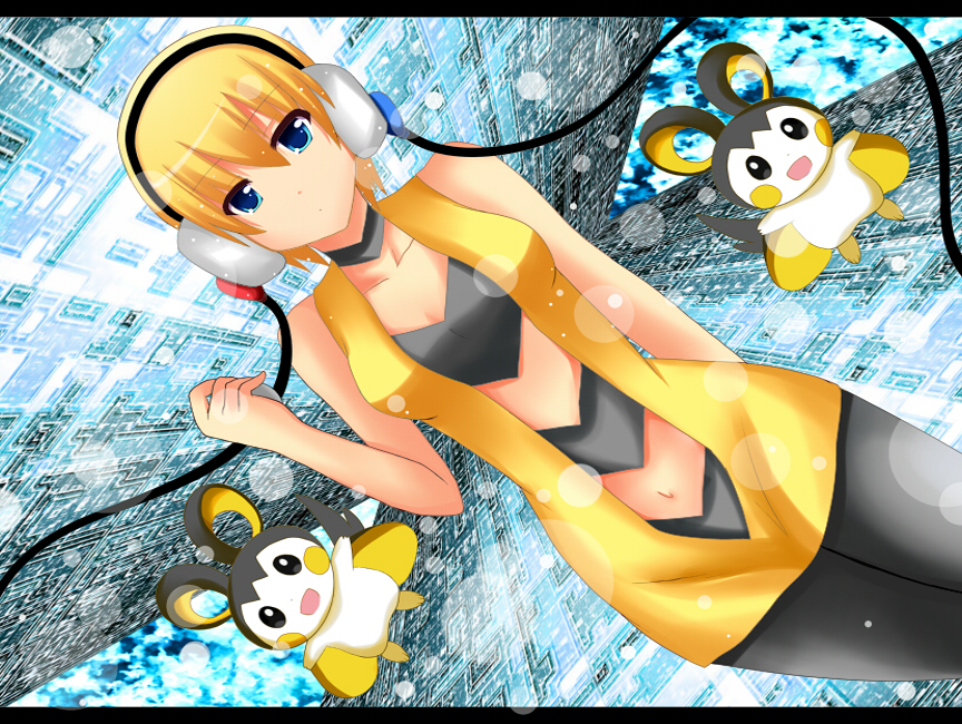 bare_shoulders blonde_hair blue_eyes cable choker emolga emonga gym_leader headphones kamitsure_(pokemon) midriff navel open_mouth pantyhose pokemon pokemon_(game) pokemon_black_and_white pokemon_bw shinekalta short_hair wire