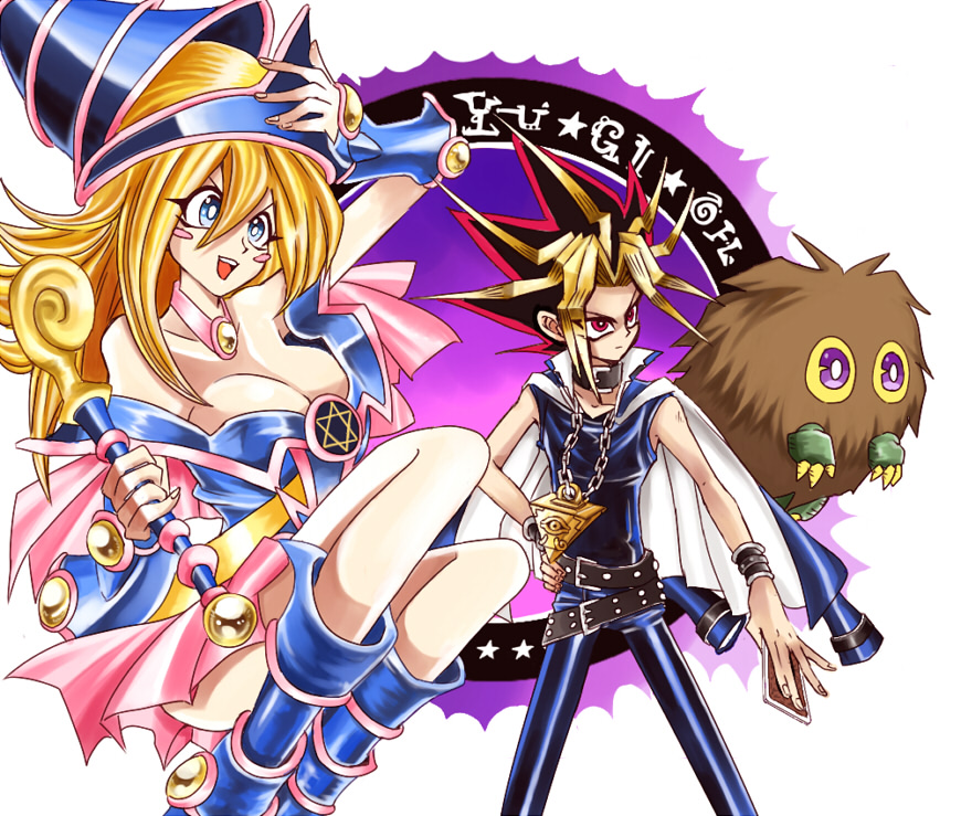 1girl atem bad_id bare_shoulders blonde_hair blue_eyes blush boots breasts cape choker cleavage dark_magician_girl detached_sleeves duel_monster hairy_balls hat jewelry kuriboh large_breasts long_hair millennium_puzzle monster multicolored_hair mutou_yuugi open_mouth pendant pentacle school_uniform skirt smile staff title_drop wand wink wizard_hat yami_yuugi yu-gi-oh! yuu-gi-ou yuu-gi-ou_duel_monsters