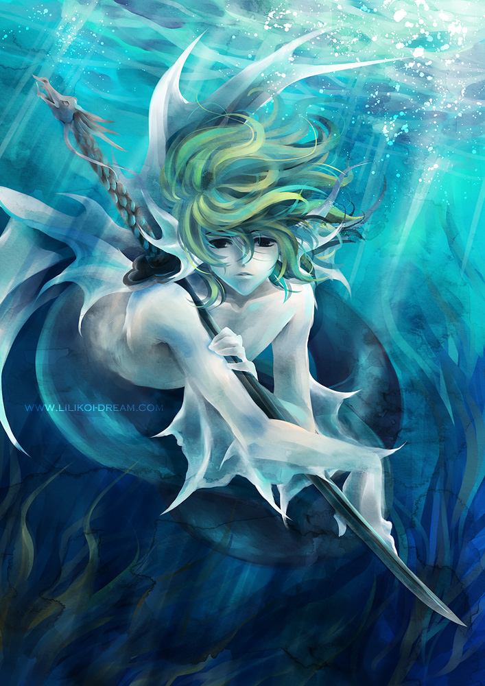 alexa_pasztor green_hair head_fins katana lexi lexi_nyanko male merman monster_boy solo sword tsubasa_chronicle underwater weapon