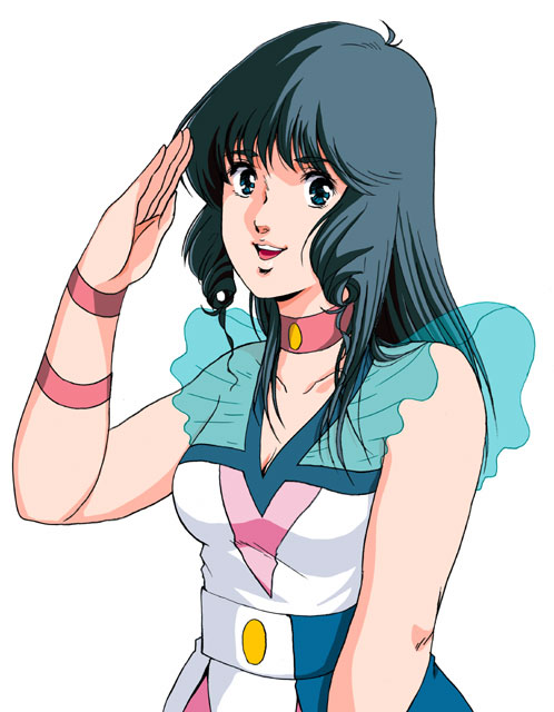 black_hair blue_eyes choker choujikuu_yousai_macross choujikuu_yousai_macross:_ai_oboete_imasu_ka dress long_hair lynn_minmay macross macross:_do_you_remember_love? oldschool salute simple_background tachibana_kazuto