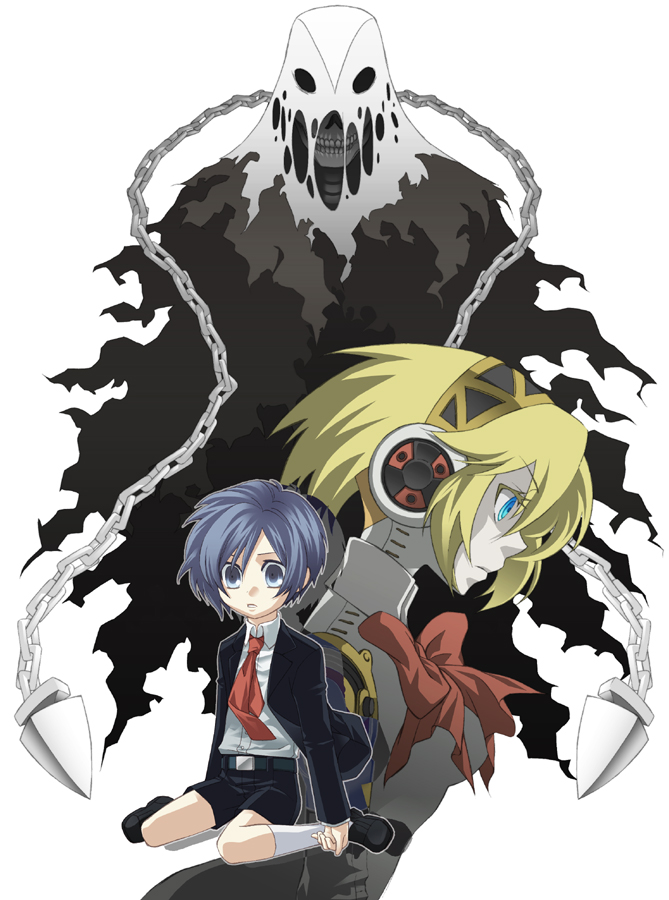 android arisato_minato blonde_hair blue_eyes blue_hair bow chain chains child formal kokutou_eiri necktie persona persona_3 ribbon shorts simple_background thanatos