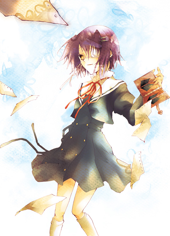 eyepatch flying_paper hair_ornament hairclip kibou_sorane paper purple_hair ribbon school_uniform shindou_chihiro short_hair solo yellow_eyes