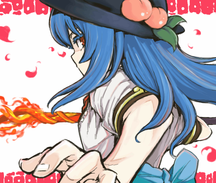 blue_hair bust colored_eyelashes eyelashes face fire food fruit hands hat hinanawi_tenshi looking_back oekaki peach petals red_eyes solo sword sword_of_hisou touhou uousa weapon