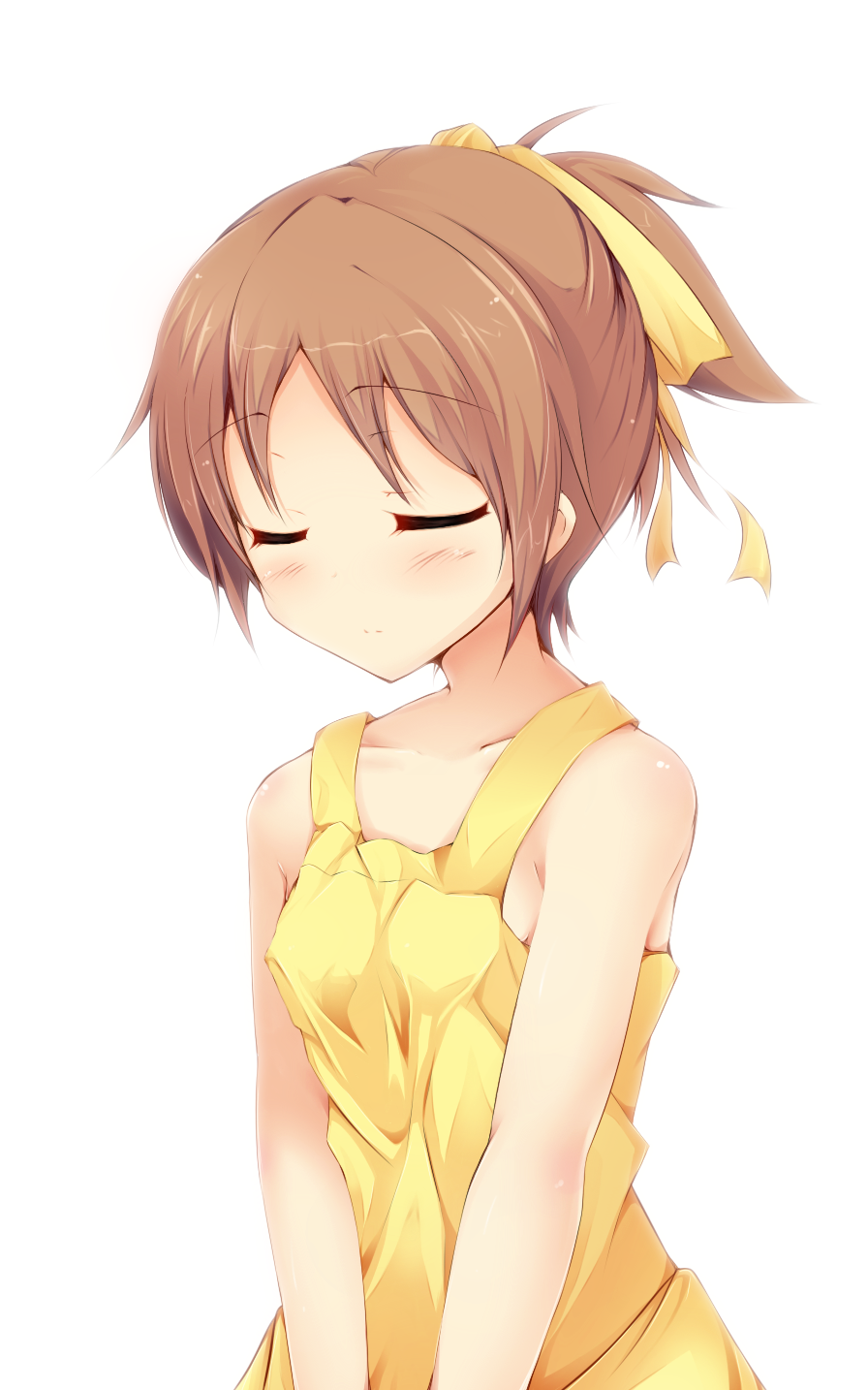 1girl bare_shoulders blush brown_hair closed_eyes dress hair_ribbon highres hirasawa_ui k-on! ribbon short_ponytail siratamamil solo sundress white_background