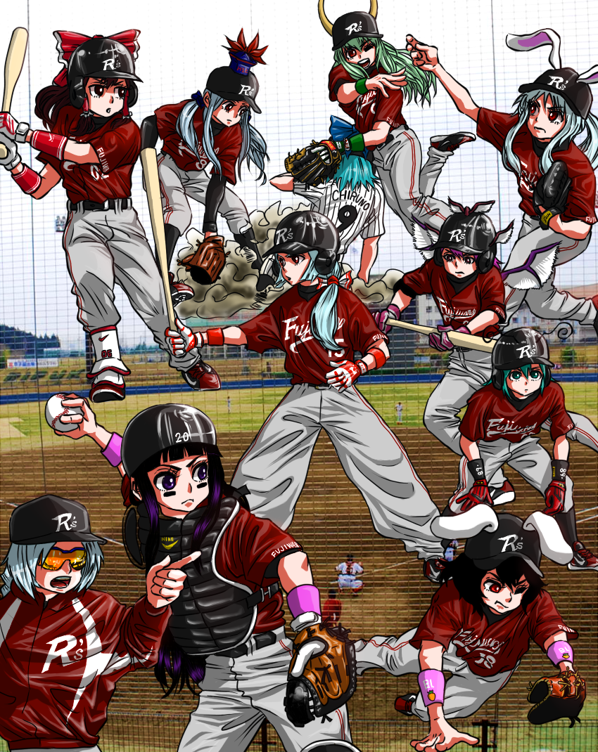 baseball baseball_bat baseball_cap baseball_glove baseball_mitt baseball_uniform cirno clothes_writing clothing_writing dual_persona everyone ex-keine fujiwara_no_mokou hakurei_reimu hat houraisan_kaguya imperishable_night inaba_tewi kamishirasawa_keine left-handed multiple_girls mystia_lorelei raw_(kenja) reisen_udongein_inaba sportswear touhou wriggle_nightbug yagokoro_eirin