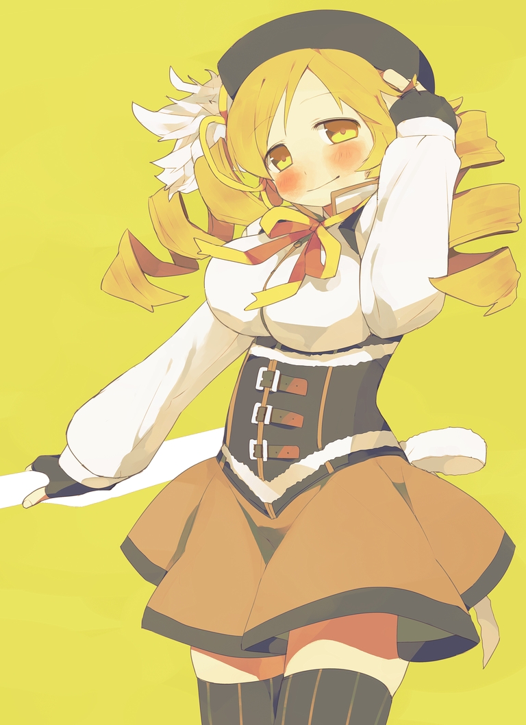 bad_id blonde_hair blush breasts brown_dress dress drill_hair fingerless_gloves gloves hat large_breasts magical_girl mahou_shoujo_madoka_magica noe_yuuhi skirt smile solo thigh-highs thighhighs tomoe_mami twin_drills twintails ueno_makoto yellow_background yellow_eyes