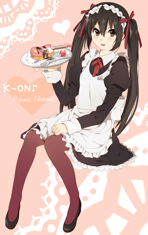 black_hair blush bow brown_eyes food fork fruit hair_bow hair_ribbon k-on! karuha long_hair maid maid_headdress nakano_azusa open_mouth pantyhose ribbon solo strawberry tray twintails