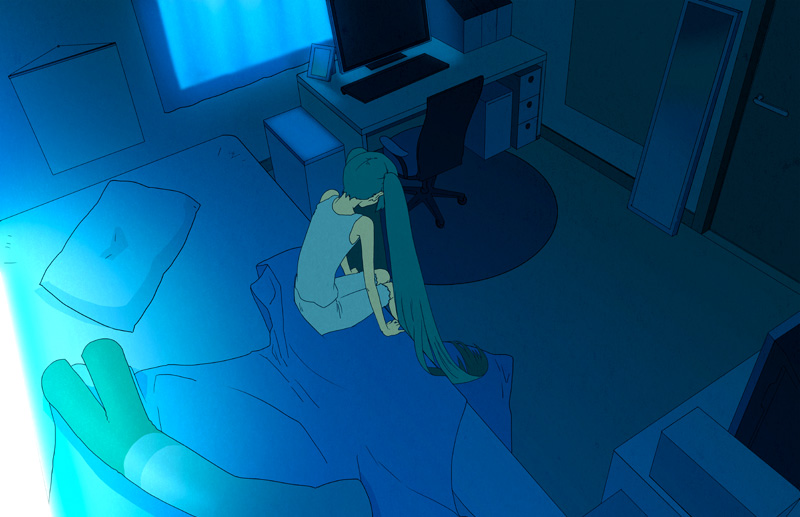 arm_support bare_shoulders bed body_pillow capri_pants computer computer_keyboard dakimakura_(object) from_above from_behind green_hair hatsune_miku long_hair monitor office_chair pillow room sitting solo spring_onion table tank_top twintails very_long_hair vocaloid yuanmaru