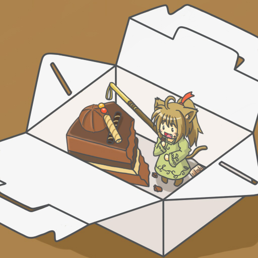 animal_ears box cake cat_ears cat_tail chibi chocolate chocolate_cake dress eating food girl_in_a_box green_dress hair_ornament in_box in_container kakushiaji minigirl original solo tail