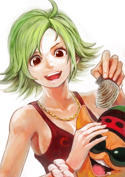 breasts brown_eyes camie clam cleavage female green_hair jewelry lack lipstick makeup mermaid monster_girl necklace one_piece pappug shell short_hair sunglasses
